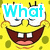 Yellow cartoon character with large blue eyes and brown mouth, smiling widely with two front teeth visible on a yellow background with green spots.
