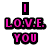 Pixelated text reads "I LOVE YOU" in pink with black outlines, next to a gradient heart shape.