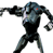 Pixelated static image of a humanoid figure in dark armor with blue and black tones, red eye detail, and outstretched arms against white background.