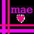 Pixelated icon with 'mae' text and pink heart on black background, bordered by magenta grid lines.
