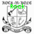 Four- of grayscale heraldic crest with green text overlays reading Rock, and, Roll, and a blank