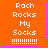 Four orange square with pink borders display "Rach Rocks My Socks" text and exclamation marks, one includes a small purple heart symbol