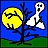 Pixelated image of a white ghost with black eyes and mouth floating beside a dark tree under a yellow moon on blue background.