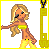 Pixelated cartoon woman with blonde hair, yellow bikini top, yellow shorts, and black sunglasses in a side-step pose with arms extended.