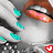 Pixelated close-up of a character's face with brown hair, black eyeliner, and pink lips holding an orange object near the mouth.