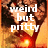 Pixelated image of a person with dark hair and light skin wearing a red top, overlaid with white text reading 'weird but pritty' against an orange-brown background.