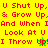 Pixelated text on bright yellow and green backgrounds with red lettering, featuring a small animated character changing color between frames.