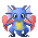 Blue dragon-like creature with red wings and yellow belly in various poses including standing, arms raised, mouth open, and emitting orange starburst effects.