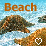 Pixelated beach scene with two dolphin silhouettes, sandy shore, and blue water background; orange 'Beach' text at top.