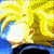 Yellow spiky hair with blue background and black eye sockets in four