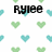 Pixelated image with black text 'RYLEE' centered above scattered heart shapes in light green and cyan on white background.