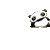 Pixelated black-and-white panda icon in multiple poses: sitting upright, lying down, and rolling over, with visible ears, eyes, and limbs against a white background.