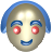 Pixelated circular face with blue hair, red eyes, and a blue mouth on a gray background.