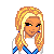 Pixel art cheerleader icon with blue and white uniform, yellow hair, pom-pom, and "Born to Cheer" text on a blue background.