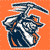Pixelated icon of a dark blue and white armored figure with orange accents on an orange background, holding a curved blade.