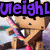Pixelated cartoon character with brown blocky head and body holds pink-and-purple striped bat, text above changes color and spelling across frames.