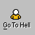 Animated pixel art sequence showing a yellow-shirted figure with white head, brown trees, and 'Go To Hell' text below each frame.