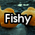 Two orange fish face each other on a dark blue background with white highlights, overlaid with large white text reading "Fishy Love!!".