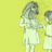 Two figures in white dresses stand against a yellow background; the taller figure has long gray hair and holds an object near its face.
