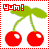 Pixelated cherry icon with red fruit, green leaves, and a white background bordered by red dashed lines.