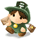 Pixelated character in green hooded outfit with yellow buttons, brown boots, and a hat featuring white spiral design; holding two brown objects.