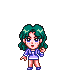 Pixel art character with green hair and purple top in multiple poses, transitioning to black silhouette with glowing orb and blue water effects.