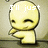 Pixelated yellow cartoon figure with closed eyes and a neutral expression, arms crossed, standing against a beige background with white text above its head.