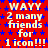 Red background with blue star pattern and repeated white text 'WAYY 2 many friends for 1 icon!!!' across the image.
