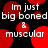 Red circular shapes on black background with repeated white text "Im just big boned & muscular" in pixelated font.