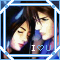 A pixelated image of two people in close proximity with text "I ♡ U" below them, framed by a blue geometric border.