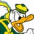 Donald Duck cartoon character with green hat and yellow shirt, mouth open in a smile, head turned slightly right.