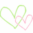 Two overlapping hearts, one green and one pink, on a white background with pixelated text elements on a bright magenta backdrop.