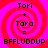 Four identical display a red and pink spiral background with black text reading 'Tori + Tora = BFFLUDDUP' in pixelated font