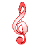 Red treble clef icon with white highlights on a gray background, transitioning through multiple animation frames showing rotation and perspective shifts.