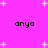 Pixelated text 'anya' repeated four times on a bright pink background with scattered white star shapes.