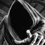 skeletal figures in hooded cloaks with red glowing eyes, some with dark hooded faces, arranged in a repeating pattern