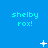 Blue background with repeated 'shelby rox!' text and animated white star-like shapes in a