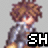 Pixelated character with brown curly hair, red eyes, and a gray jacket over white shirt against light gray background.