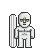 Pixelated figure in white bodysuit holding vertical silver object against gray background.