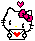 Pixel art of a white cat with pink bow, yellow nose, red heart on chest, and floating pink heart above head.