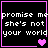 Four identical black square with pink borders display white pixelated text reading "promise me she's not your world" and varying purple heart symbols