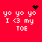 Red background with white pixelated text 'yo yo yo I <3 my TOE' and animated black heart or starburst symbols in four corners.