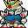 Pixelated mecha figure with blue torso, yellow neck accents, and red/green details on a gray background; pink circular effect appears in some frames.