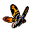 Pixel art of a stylized figure with black, orange, yellow, white, blue, and brown elements against a gray background.