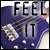 Pixelated image with bold black text "FEEL IT" over a blue background featuring white and gray abstract shapes.