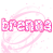 Pixelated pink text 'brenna' with purple accents inside a rounded rectangular outline, surrounded by swirling pink lines and scattered dots on white background.