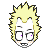 Pixel art head with spiky blonde hair, white face, black glasses, purple eyes, and peach cheek blush on gray background.
