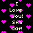 Pixelated text and pink hearts on black background with animated heart movement.