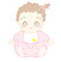 Pixelated doll avatar in pink onesie with white bib and yellow symbol, brown hair in pink-banded ponytail, two expressions showing open eyes and closed eyes.