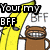 Animated pixel art of a brown cartoon character holding a banana, with text changing across frames.